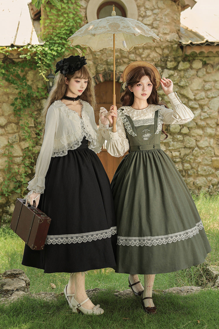 [The Oak Tree in the Wind] Square Collar Sleeveless Jacquard Embroidered Lace Classic Elegant Lolita Jsk Dress 2 Colors (Black, Green) - Product - 7