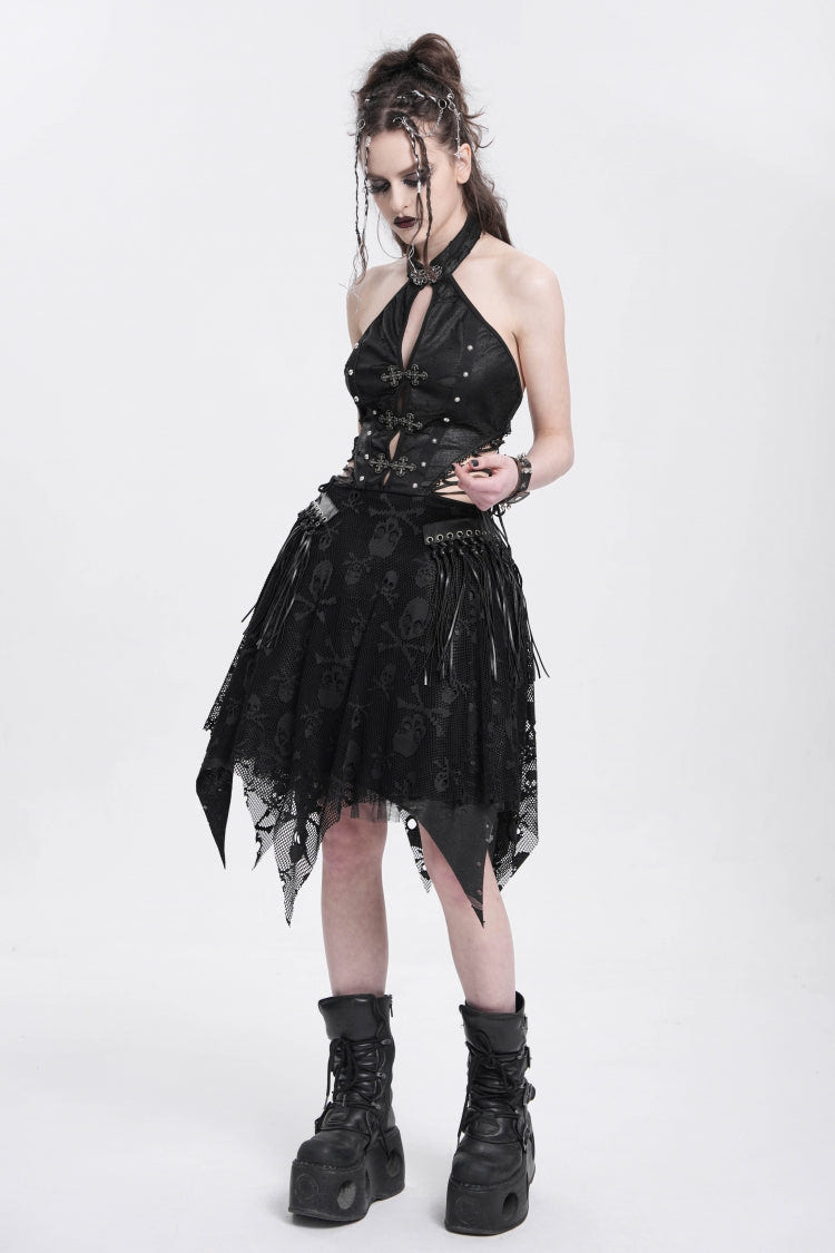 Black Halterneck Sleeveless Skull Print Irregular Women's Punk Dress - Product - 6