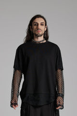 Black Round Collar Long Sleeves Mesh Ripped Men's Punk T-Shirt - Black - 1