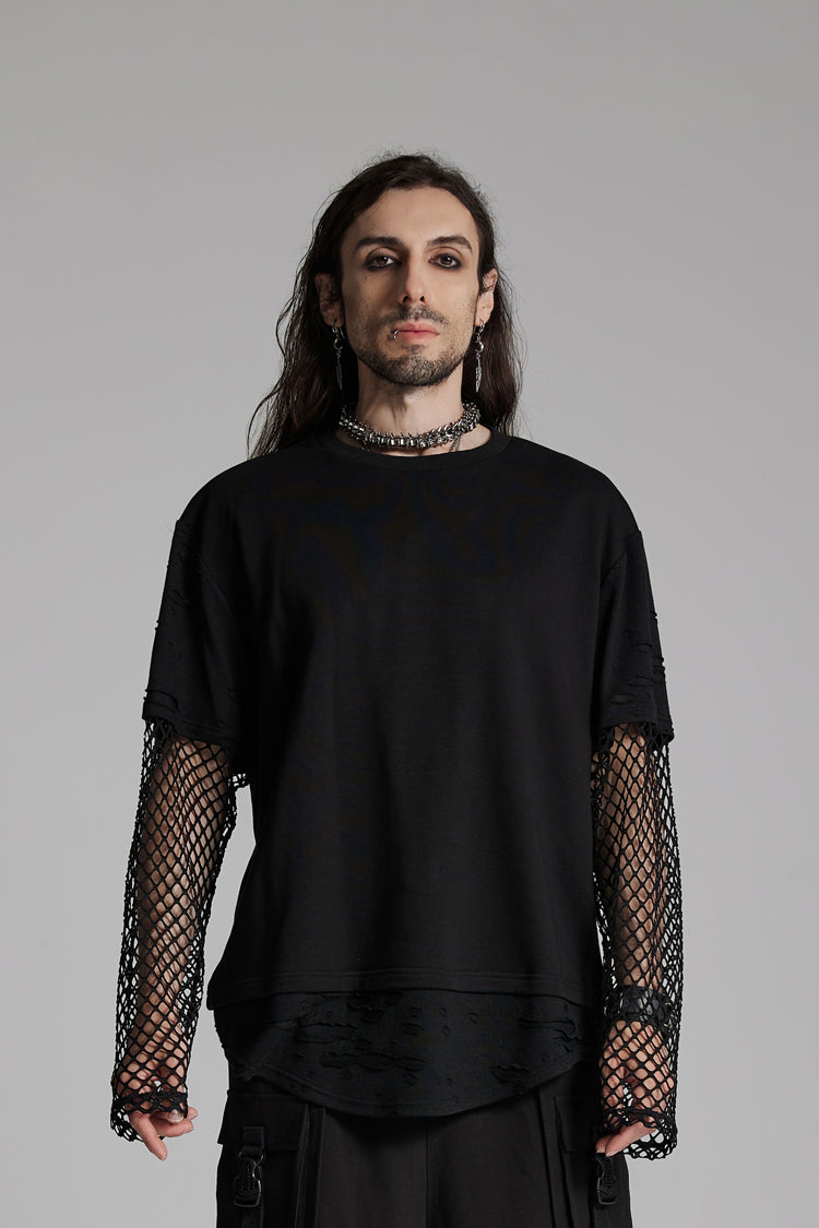Black Round Collar Long Sleeves Mesh Ripped Men's Punk T-Shirt - Black - 1