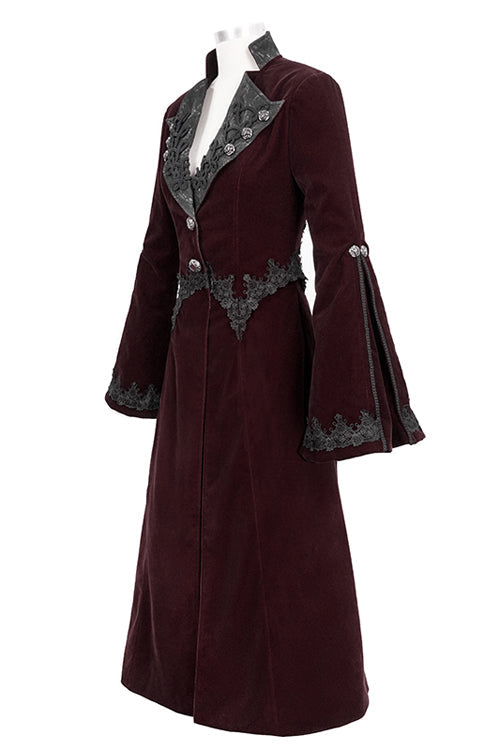Red Lace Flared Sleeves Velvet Long Womens Gothic Coat - Product - 5