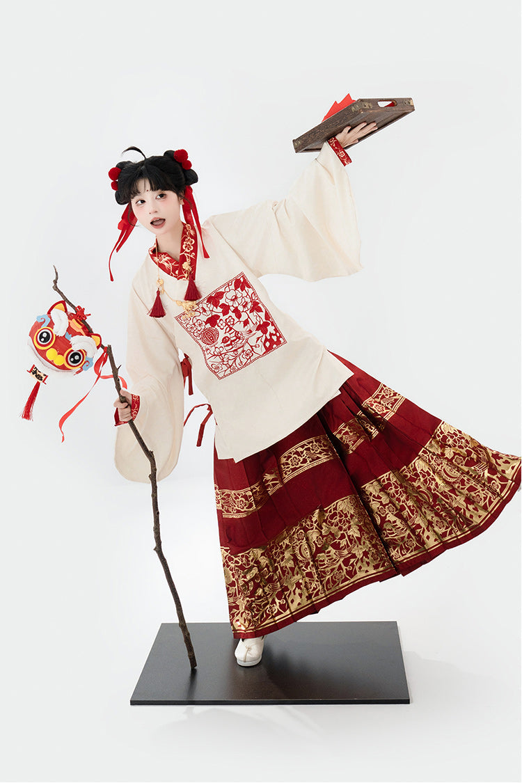 Red/Apricot V Collar Lantern Sleeves High Waisted Print Hot Stamping Women's Sweet Classic Hanfu Two Piece - Product - 2