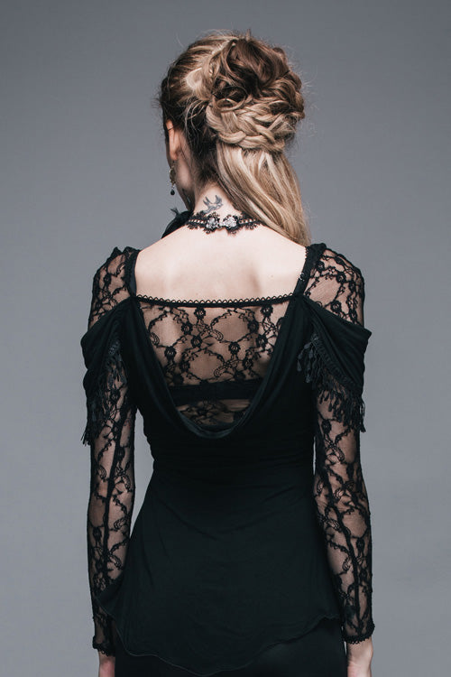 Black Rose Lace Long Sleeves Modal Womens Gothic T-Shirt - Product - 5