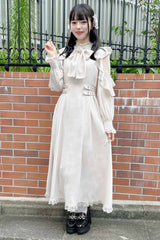 White Stand Collar Off Shoulder Long Sleeves Hollow Bowknot Slim Jirai Kei Japanese Dress - White - 1