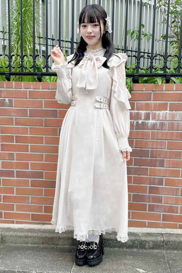 White Stand Collar Off Shoulder Long Sleeves Hollow Bowknot Slim Jirai Kei Japanese Dress - White - 1