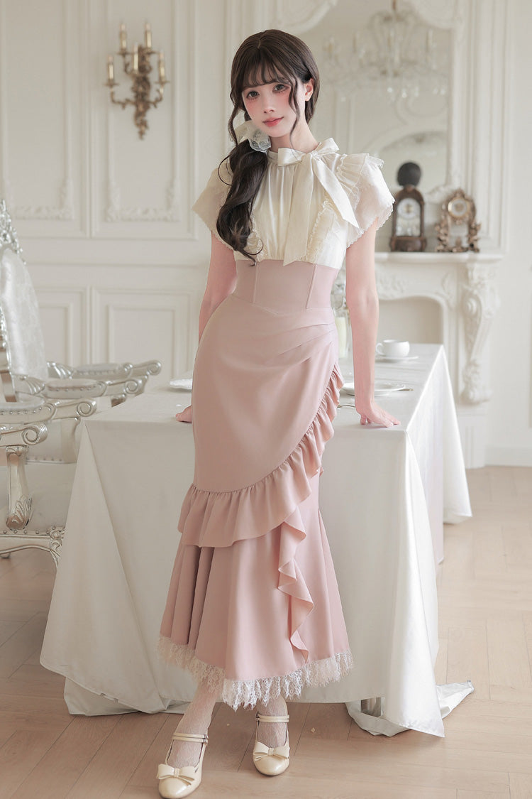 White/Pink Round Collar Short Sleeves Ruffled Bow Lace Color-Blocked Boned Sweet Lolita Dress 2 Versions - Product - 3