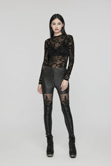 Black Embroidered Spliced Sheer Women's Gothic Leggings - Product - 8