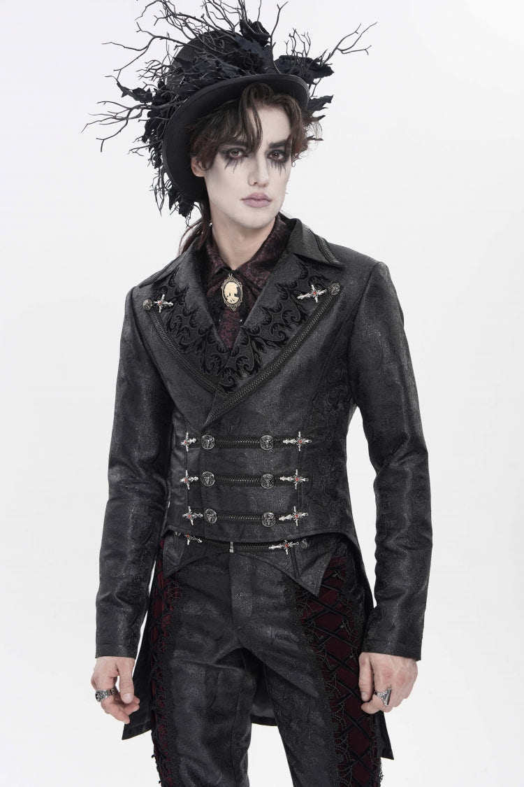 Black Lapel Collar Long Sleeves Lace-Up Slim Men's Gothic Handsome Double-Breasted Jacket - Product - 12