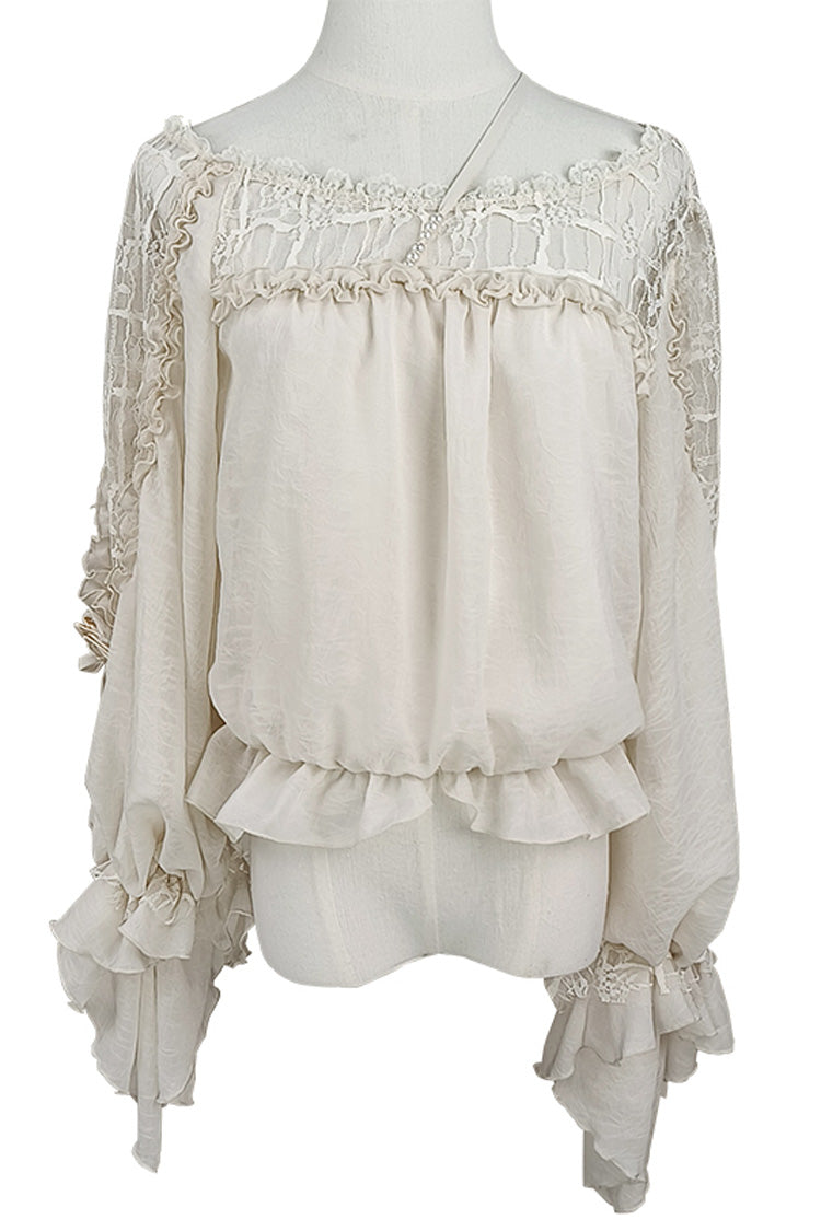 White Long Sleeves Hollow Sweet Elegant Lolita Blouse - White - 1