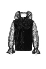 Black Lotus Leaf Stand Collar Semitransparent Lace Long Sleeved Men's Gothic Shirt - Product - 6