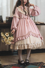 Pink Long Sleeves Ruffle Bowknot Daily Sweet Princess Lolita Dress - Pink - 1