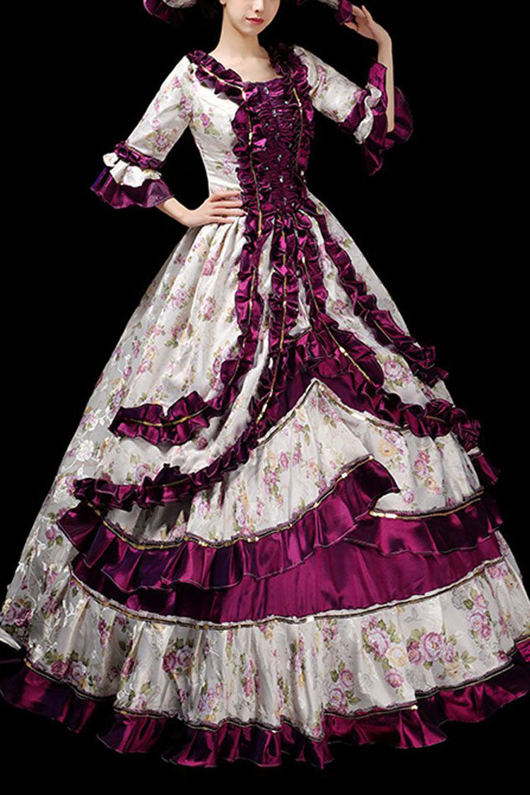 Floral Print Half Sleeves Stitching Ruffled Multi-Layer Victorian Lolita Prom Dress - purple - 5