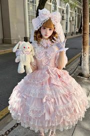 Pink Dream of the Misty Moon Sleeveless Multi-Layered Ruffled Bow Lace Pearl-Decorated Sweet Princess (Dress Only) front view
