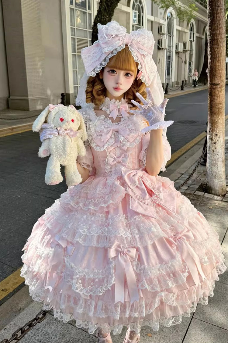 Pink Dream of the Misty Moon Sleeveless Multi-Layered Ruffled Bow Lace Pearl-Decorated Sweet Princess (Dress Only) front view