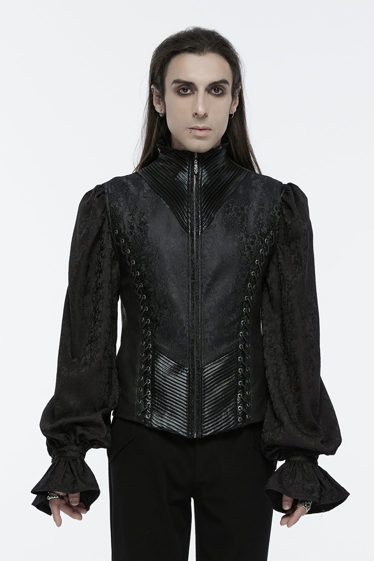 Black Sleeveless Eyelets Buckle-up Lace-Up Men's Gothic Vest - Black - 1