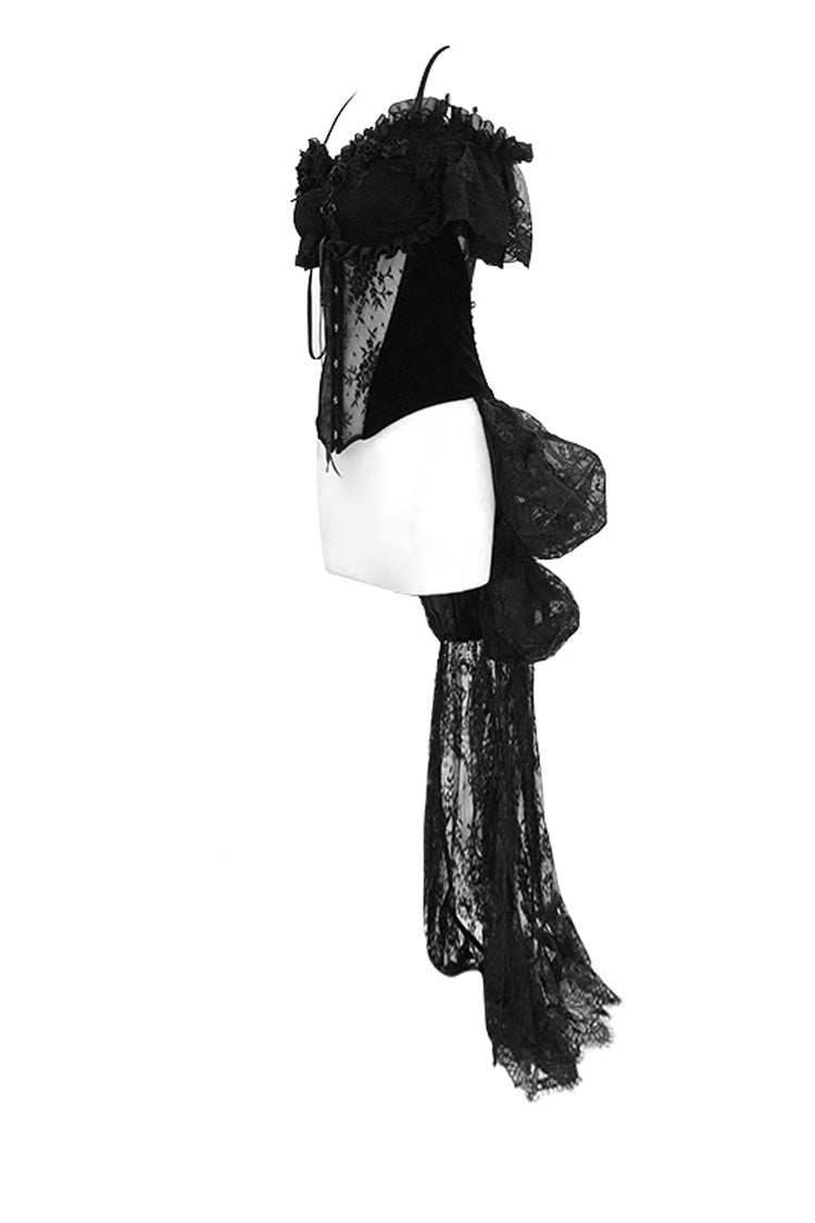 Black Gorgeous Sheer Floral Lace Ruffled Fitted Women's Gothic Corsets With Detachable Hem - Product - 8