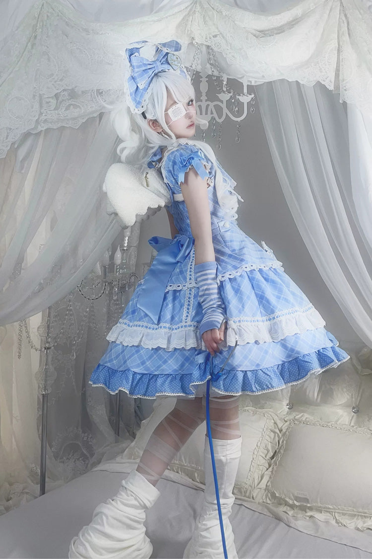 Blue [Candy Cream Puff Strawberry Cake] Multi-Layered Printed Ruffled Bow Plus Size Sweet Princess Lolita Dress 2 Versions - Product - 4