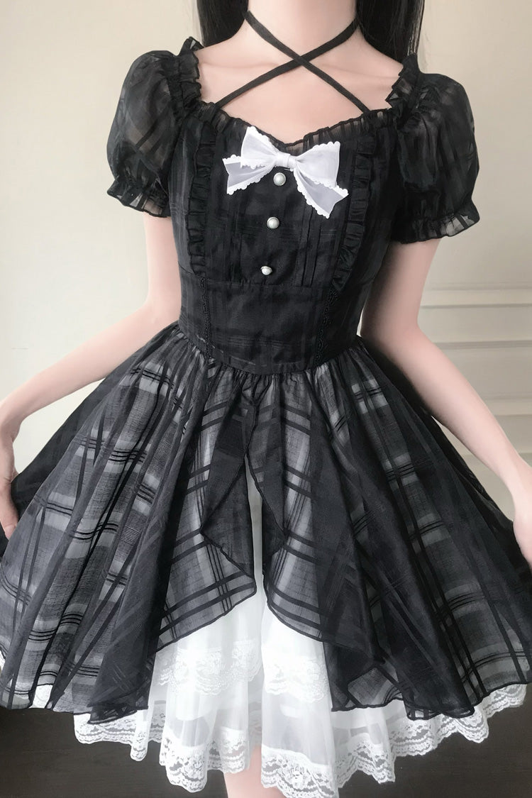 Black/White Square Collar Short Puff Sleeves Plaid Printed Ruffled Bow Lace Sweet Princess Lolita Dress - Product - 5