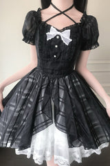 Black/White Square Collar Short Puff Sleeves Plaid Printed Ruffled Bow Lace Sweet Princess Lolita Dress - Product - 5