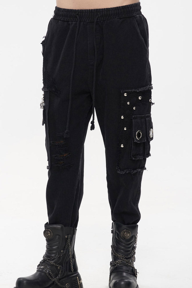 Black Punk Basic Funds Metal Pentagram Crackle Men's Pants - Product - 4