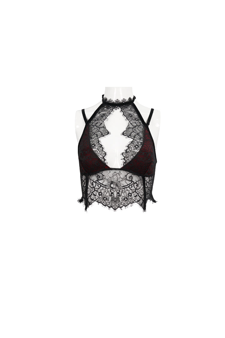 Red Velvet Chest Cutout Lace Hidden Side Zipper Sexy Women's Gothic Halter Lingerie - Product - 5