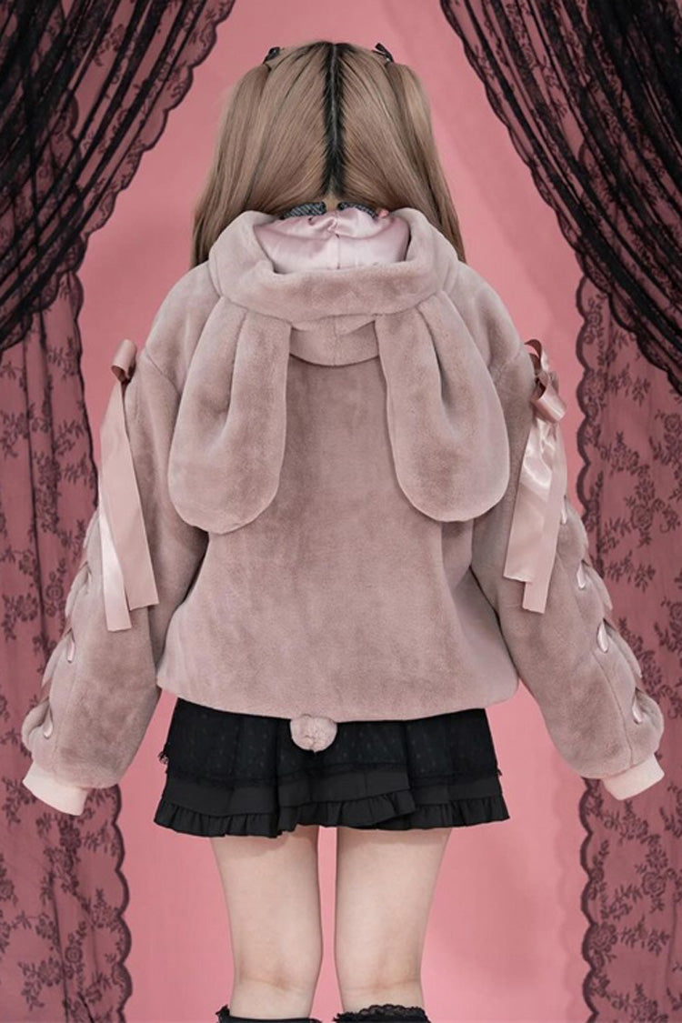 Pink Rabbit Ears Long Sleeves Bowknot Lace-Up Hooded Jirai Kei Coat - Product - 4