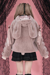 Pink Rabbit Ears Long Sleeves Bowknot Lace-Up Hooded Jirai Kei Coat - Product - 4