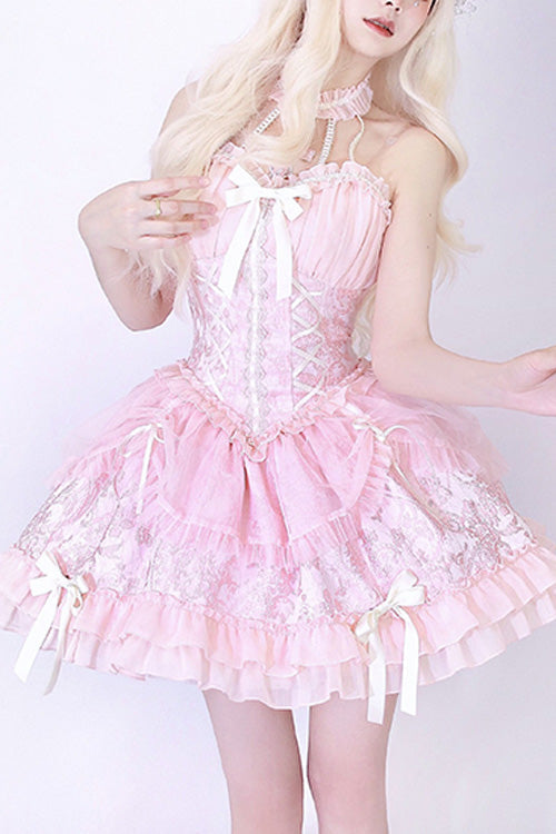Pink Tube Top Sleeveless Blowknot Ruffled Sweet Lolita Tiered Dress - Product - 2