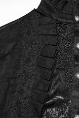 Black Stand Collar Long Puff Sleeves Jacquard Ruffle Embroidery Men's Gothic Blouse - Product - 6