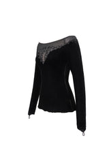 Black Velvet Off Shoulder Long Sleeve Mesh Collar Chest Flocking Pattern Women's Punk T-Shirt - Product - 8