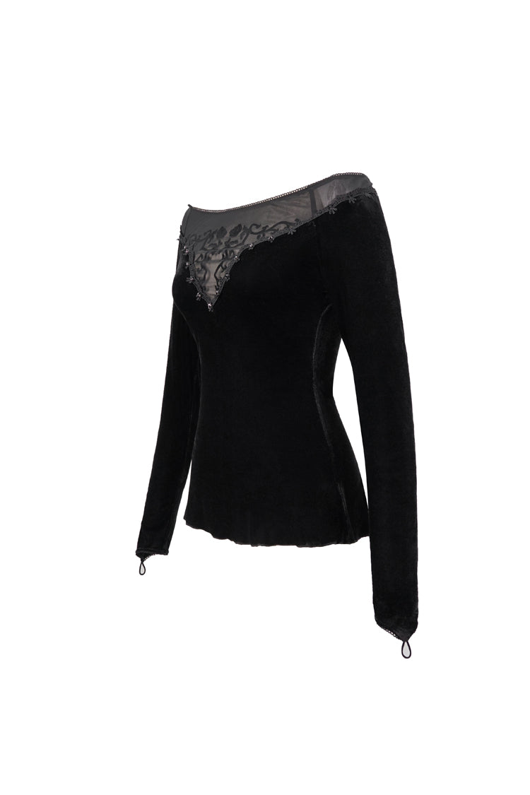 Black Velvet Off Shoulder Long Sleeve Mesh Collar Chest Flocking Pattern Women's Punk T-Shirt - Product - 8