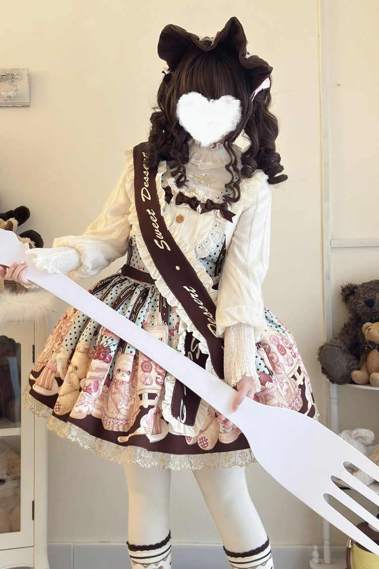 Multi-Color [Cat Chocolate Patisserie] Sleeveless Printed Ruffled Bow Lace Sweet Lolita Strap Dress - Product - 7
