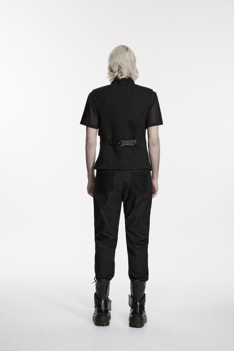 Black Stand Collar Sleeveless Spliced Asymmetric Studded Buckled Eyelet Men's Punk Cool Vest - Product - 7