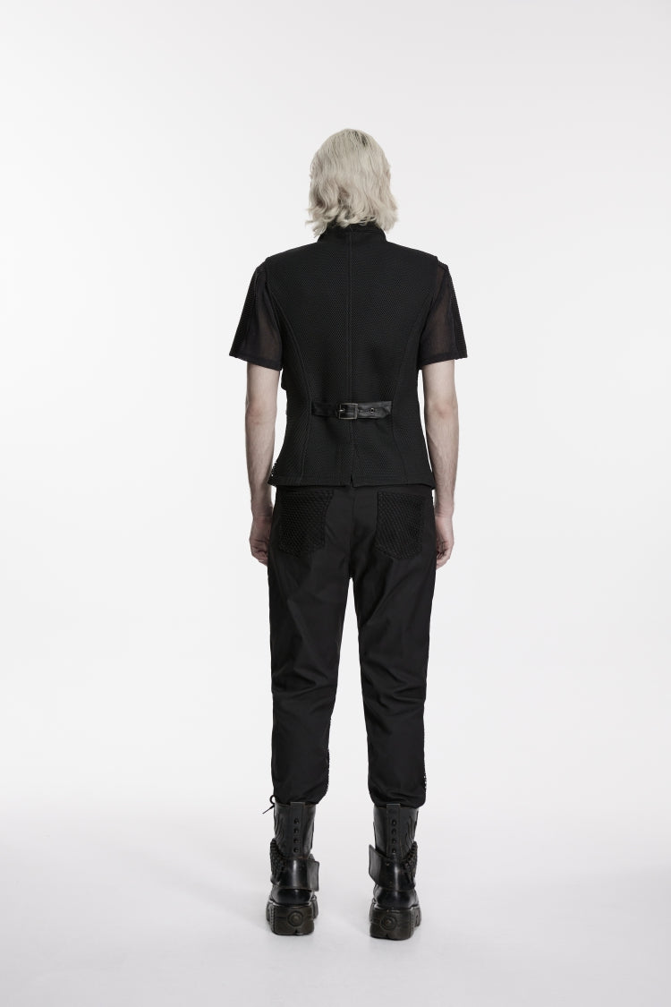 Black Stand Collar Sleeveless Spliced Asymmetric Studded Buckled Eyelet Men's Punk Cool Vest - Product - 7
