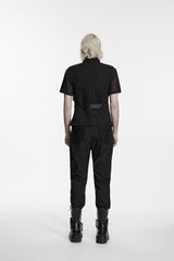 Black Stand Collar Sleeveless Spliced Asymmetric Studded Buckled Eyelet Men's Punk Cool Vest - Product - 7