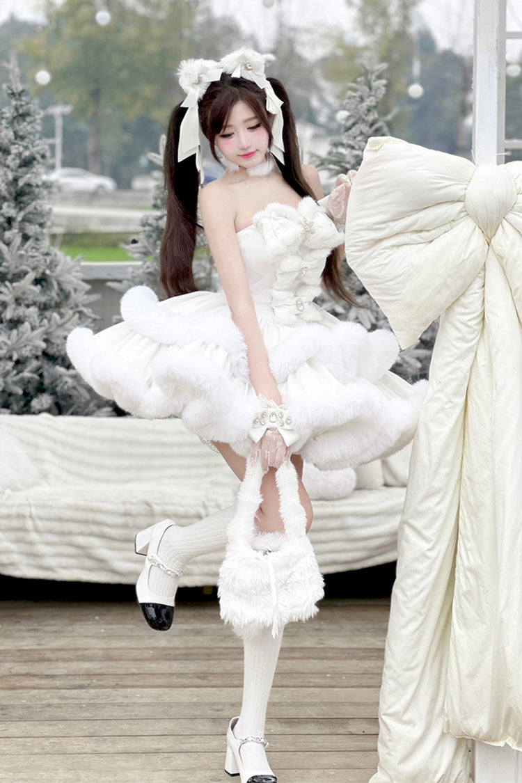 White [Holiday] Double-Layered Bowknot Sweet Princess Lolita Strapless Dress - Product - 6