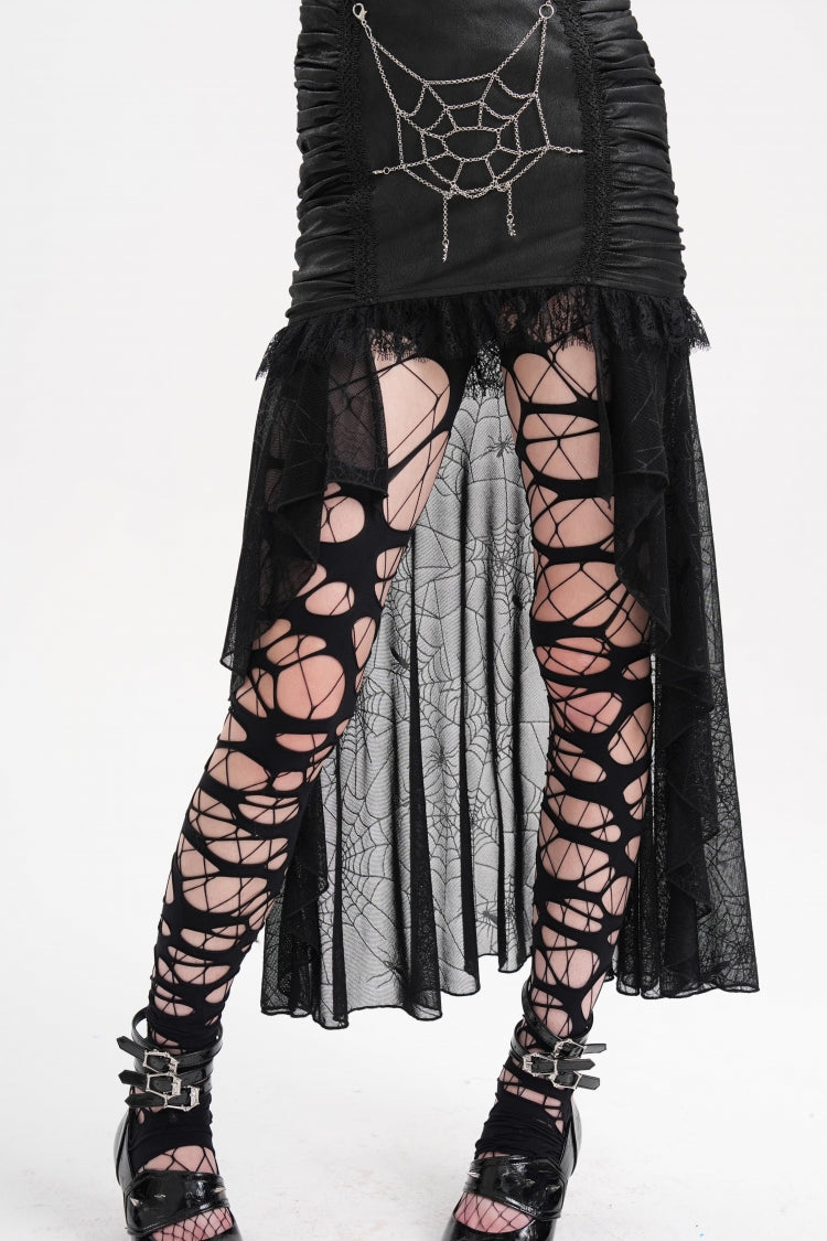 Black Chain Lace Irregular Hem Mesh Women's Gothic Skirt - Black - 1