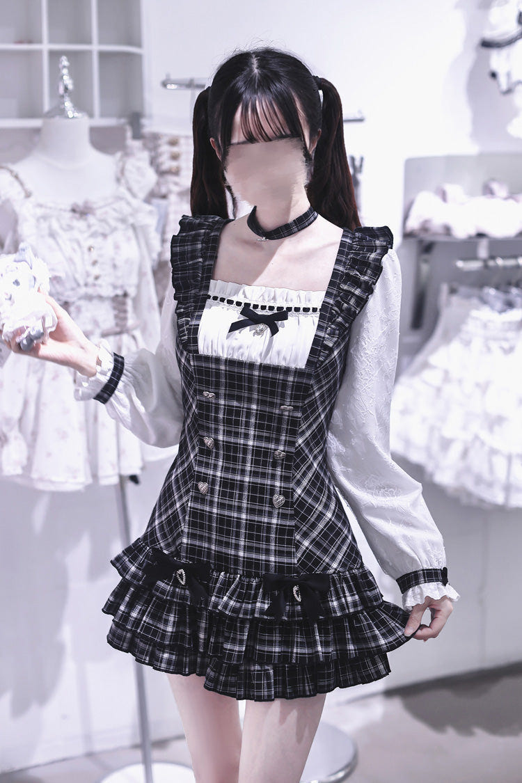 Black/White Square Collar Long Sleeves Jacquard Plaid Printed Ruffled Japanese Vintage Jirai Kei Dress - Product - 3