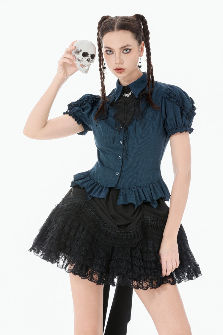 Blue Pinstripe Point Collar Short Puff Sleeves Women's Gothic Blouse with Detachable Bat Bow Tie - Blue - 1