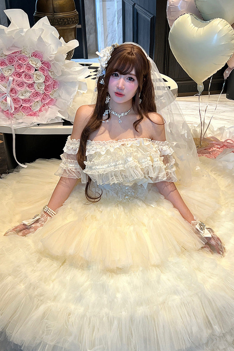 White [Maiden’s Love] Off Shoulder Triple-Layered Ruffled Hanayome Bow Lace Sweet Princess Lolita Dress - Product - 19