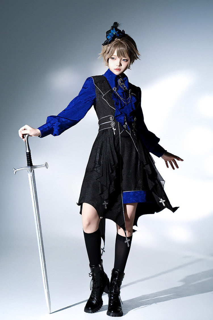 Black/Blue Courtly Knight-Style Long Sleeves Ruffle Embroidery Prince Ouji Lolita Set - Product - 2