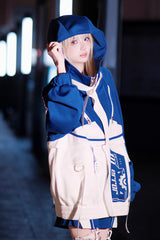 White/Blue [Zero-Type Transformation] Techwear Long Sleeves Embroidered Hooded Punk Jirai Kei Shorts Coat Set - Coat - 13