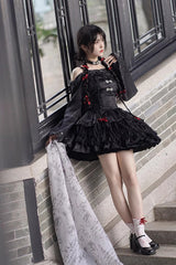 Black Bamboo Leaves Print Ruffle Lace Gothic Chinese Style Lolita Skirt - Product - 10