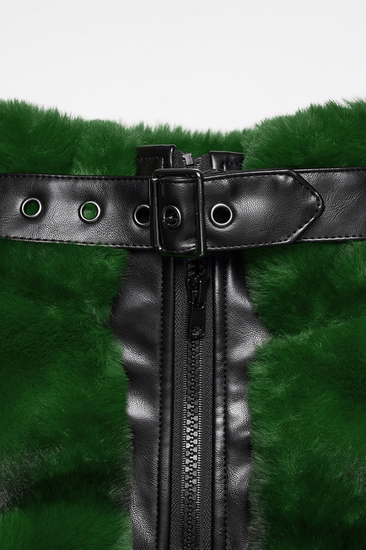 Green Stand Collar Long Sleeves Buckle Straps Faux Fur Women's Punk Short Cloak - Product - 5