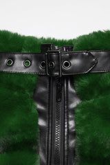 Green Stand Collar Long Sleeves Buckle Straps Faux Fur Women's Punk Short Cloak - Product - 5