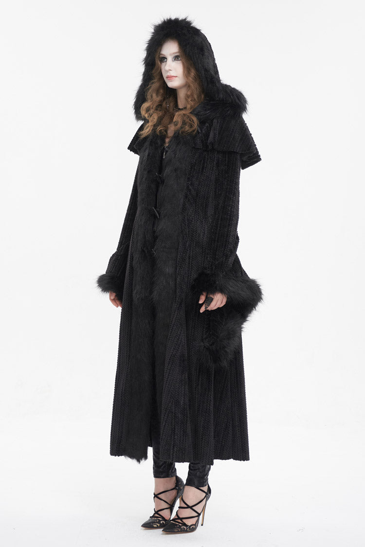 Black Flared Sleeved Fluffy Long Women's Gothic Coat With Hood - Product - 4