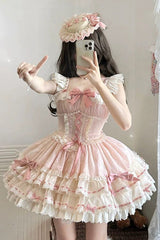 Pink Triple-Layered Bowknot Lace-Up Sweet Princess Ballet Lolita Jsk Dress - Pink - 1