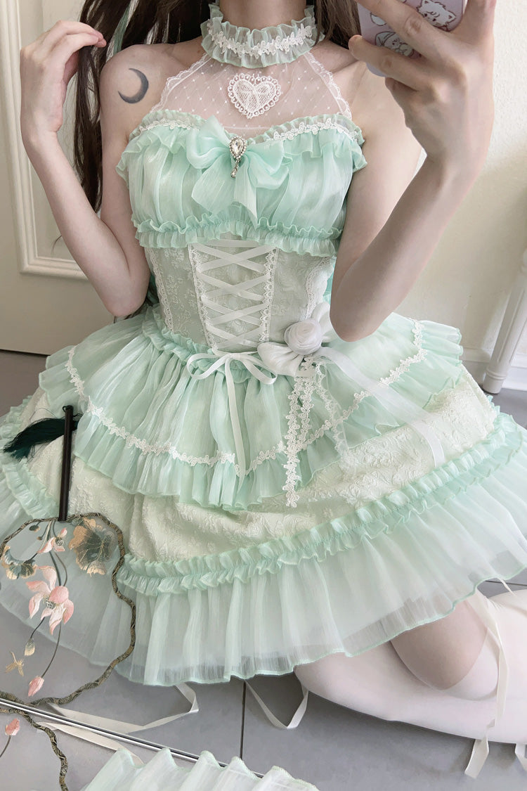 Green Halterneck Triple-Layered Bowknot Lace Sweet Lolita Jsk Dress - Product - 2