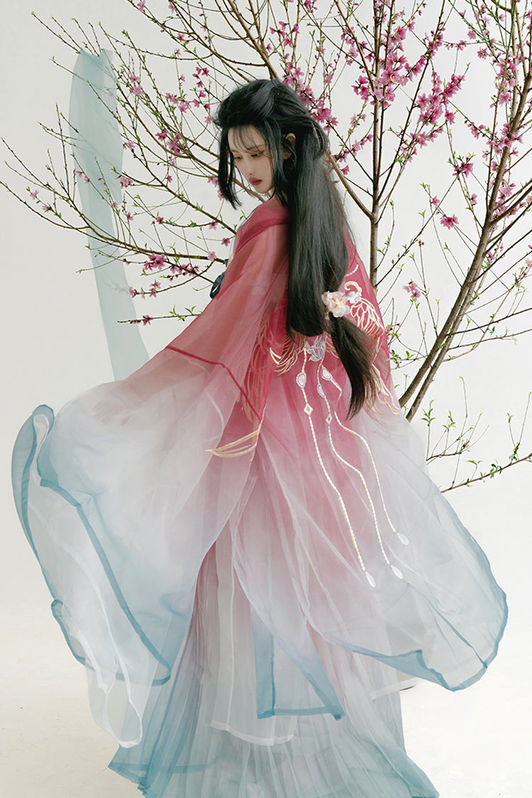 Multi-Color Off Shoulder High Waisted Embroidery Women's Classic Hanfu Dress Full Set - Red/Blue - 5