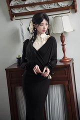 Black [Secret Crush] Long Sleeves Stretch Knit Slim Gothic Lolita Fishtail Dress - Product - 6